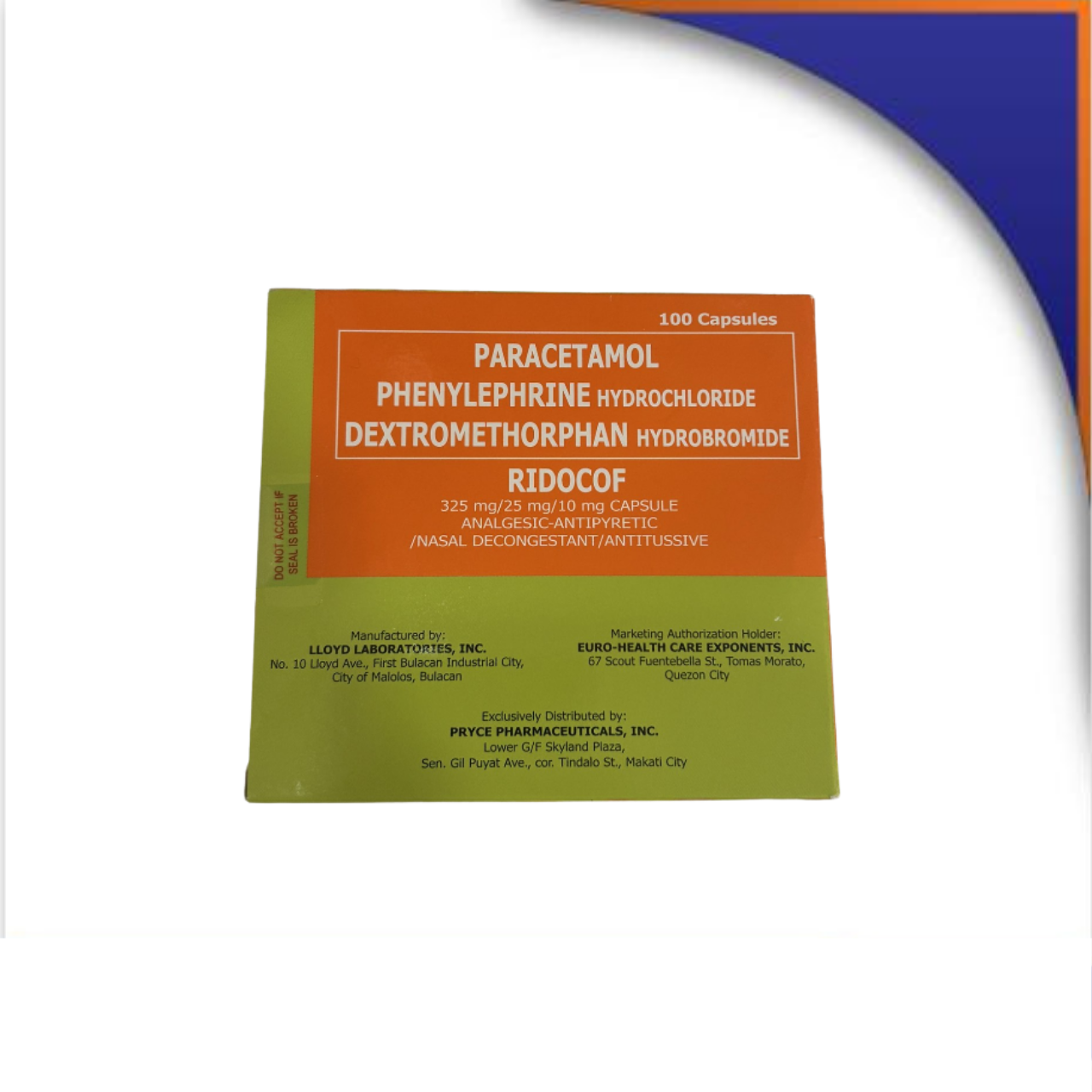 GE003578 RIDOCOF PARACETAMOL + PHENYLEPHRINE + DEXTROMETHORPHAN CAPSULES 325MG/25MG/10MG - Image 1